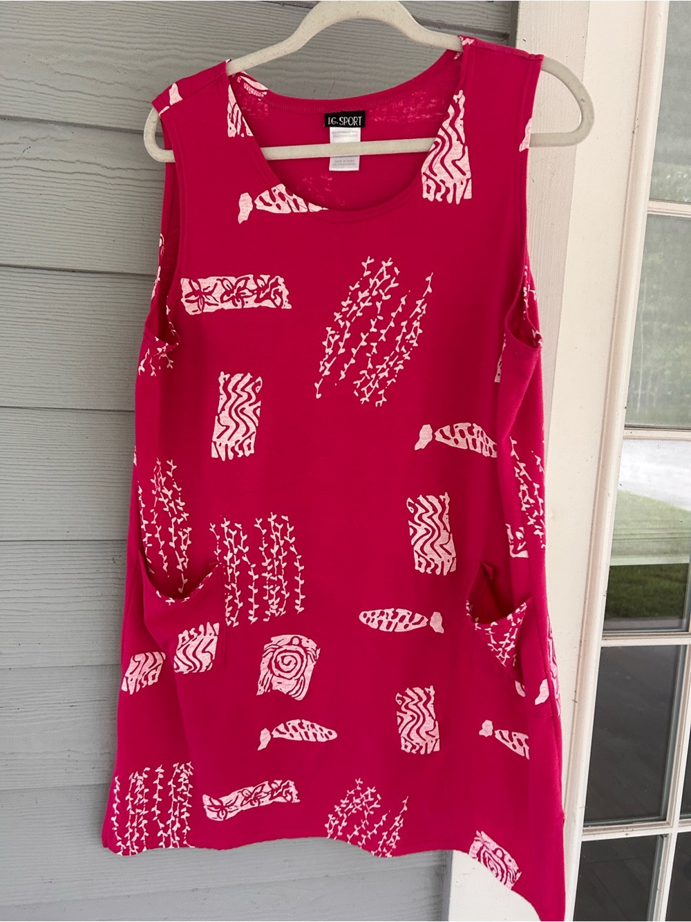 I.G. Sport Pink Tribal Fish Abstract Cotton Coverup XL Sleeveless Pockets Beach